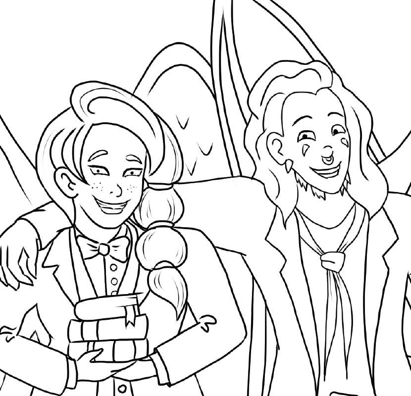 A line-art drawing of a woman holding books and a man with a scarf, both smiling.