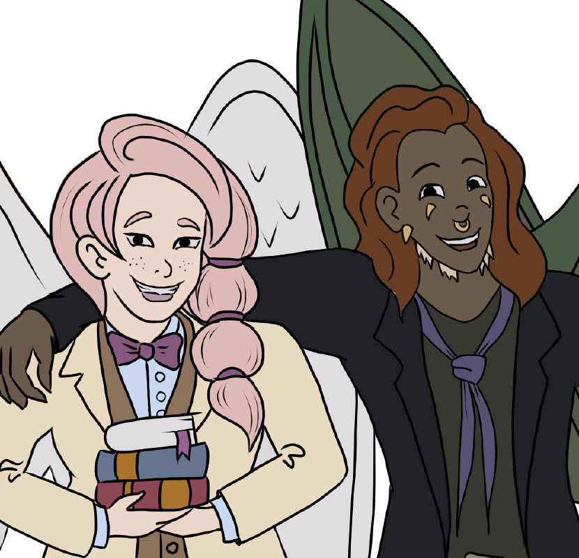A flat-coloured drawing of a light-skinned woman with pink hair holding colourful books and a dark-skinned, red-headed man with a purple scarf.