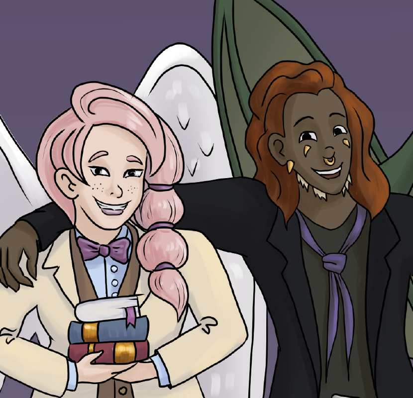 A coloured drawing of a light-skinned woman with shiny pink hair holding colourful books with gold on the backs and a dark-skinned man with fluffy red hair and silky purple scarf.